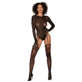 Dreamgirl Animal Print Fishnet Gloved Suspender Teddy Bodystocking With Keyhole Back Black O/S