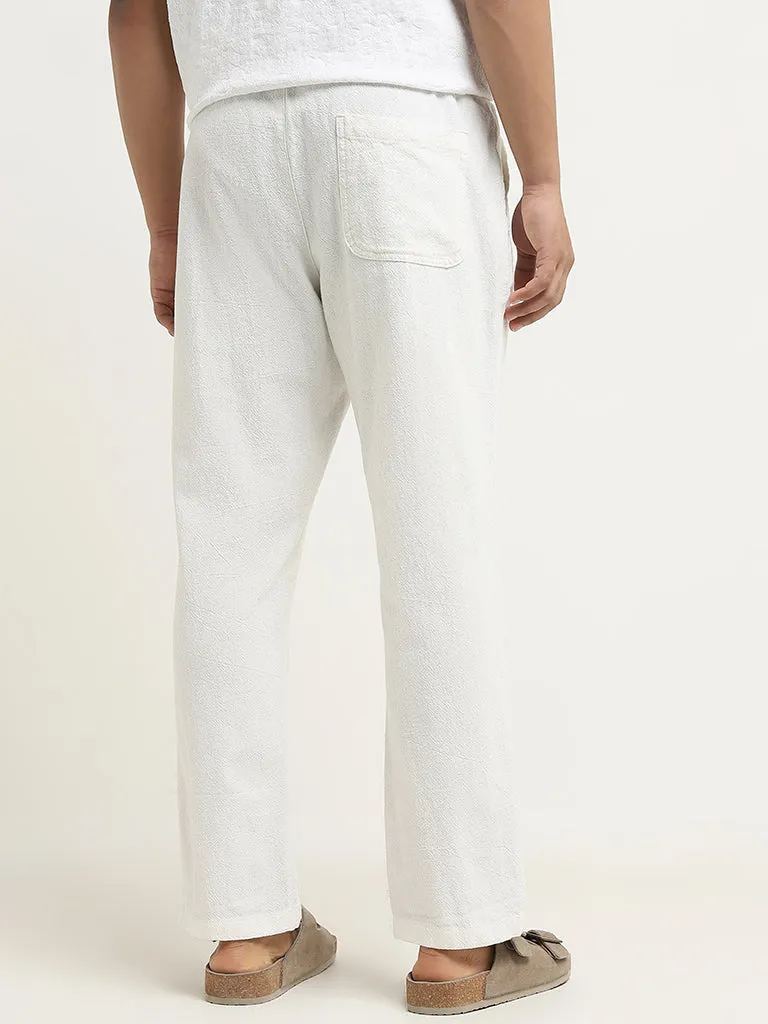 ETA White Textured Relaxed-Fit Mid-Rise Cotton Blend Chinos