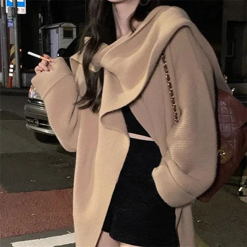 Fashionkova dti outfits Retro Sweater Women's Loose Slimming Scarf Collar Coat Autumn and Winter New Lazy Style Knitted Cardigan