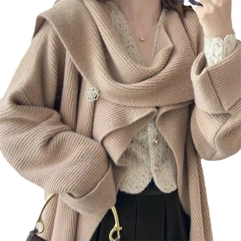 Fashionkova dti outfits Retro Sweater Women's Loose Slimming Scarf Collar Coat Autumn and Winter New Lazy Style Knitted Cardigan