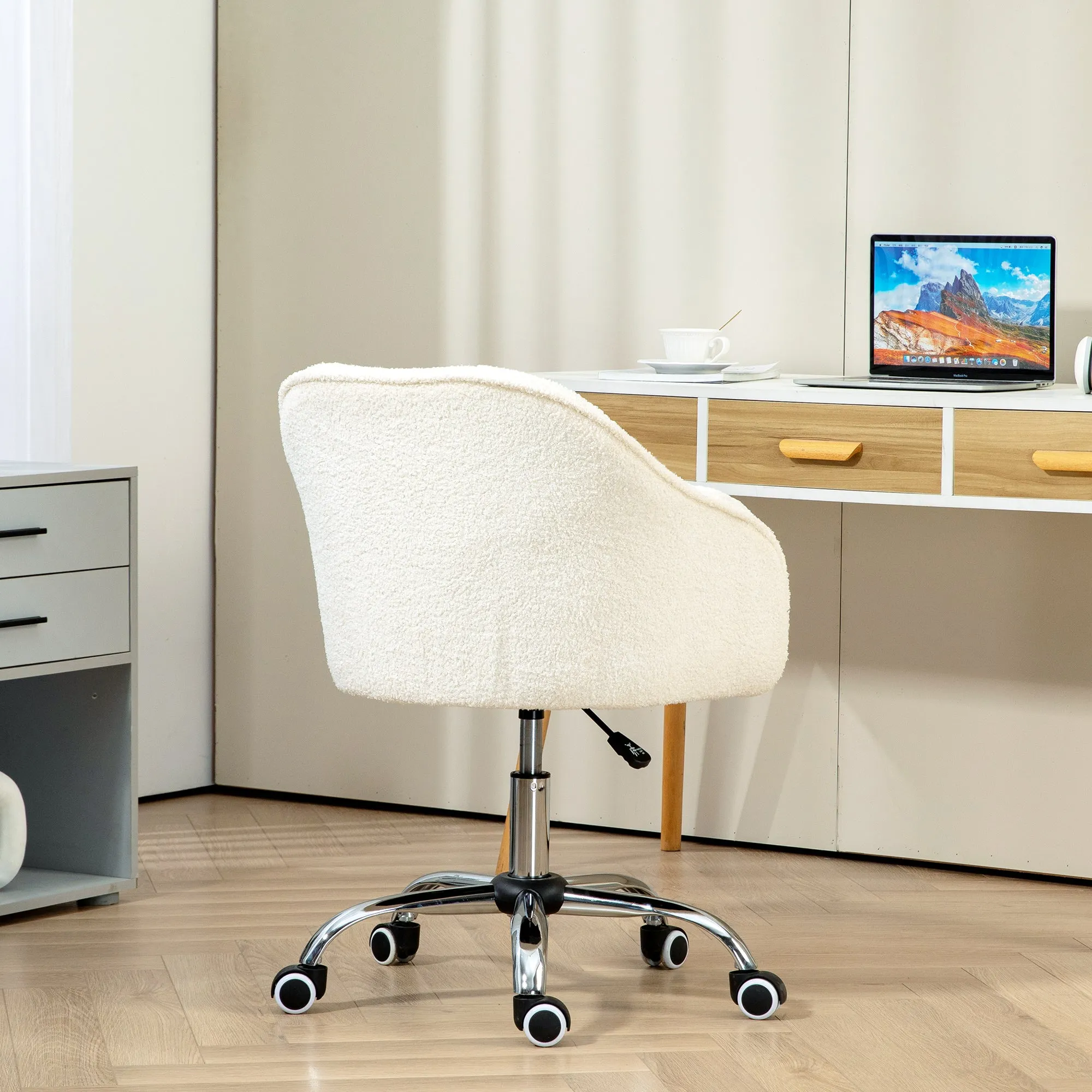 Fluffy Vanity Chair for Desk, with Height Adjustable, Wheels, Cream