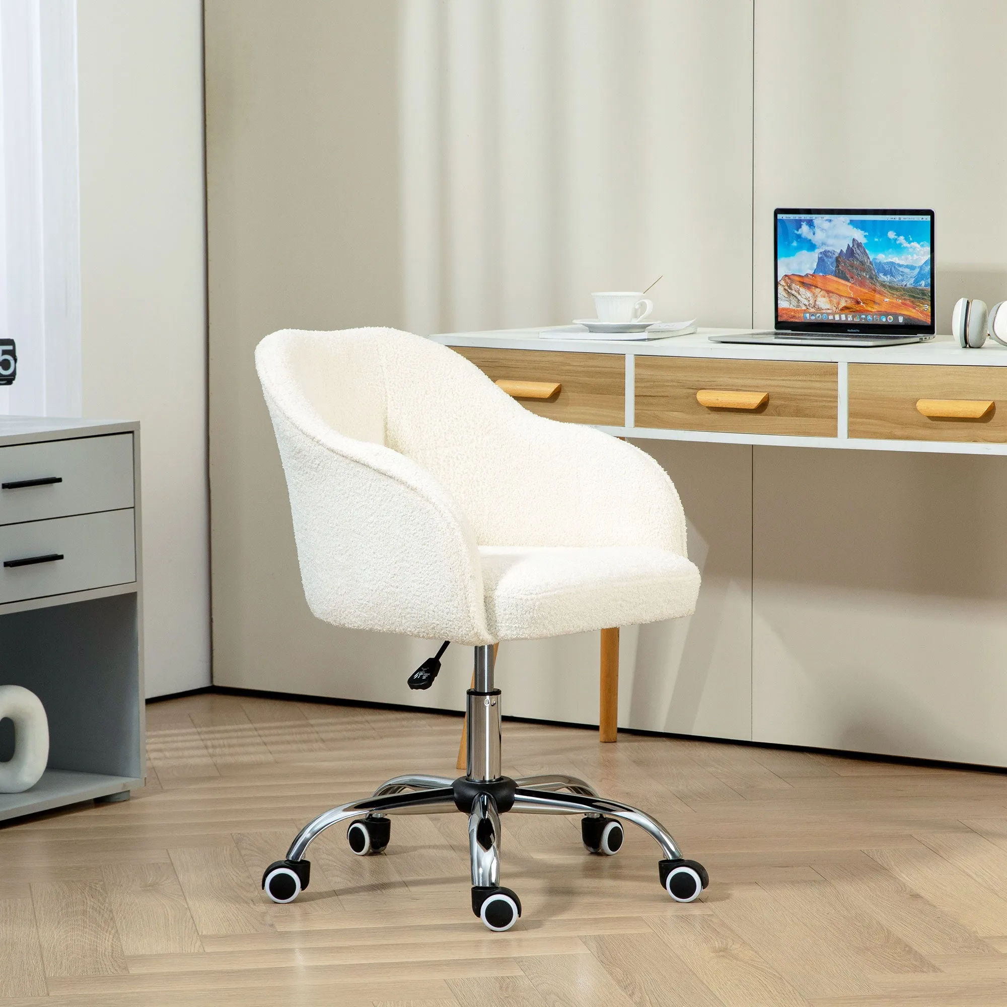 Fluffy Vanity Chair for Desk, with Height Adjustable, Wheels, Cream