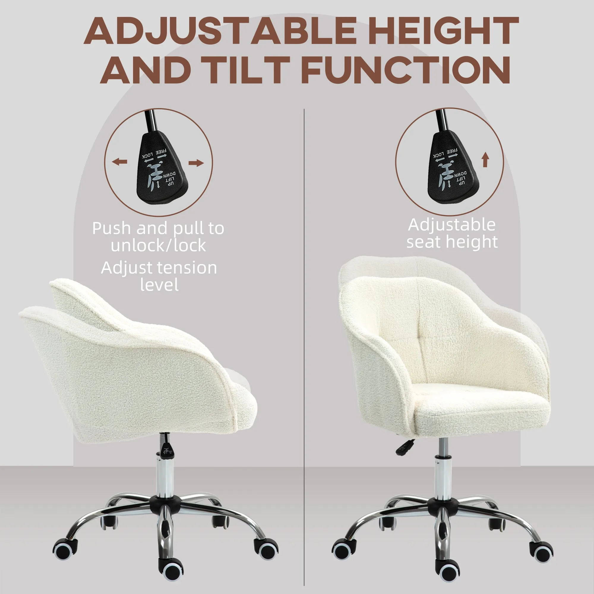 Fluffy Vanity Chair for Desk, with Height Adjustable, Wheels, Cream