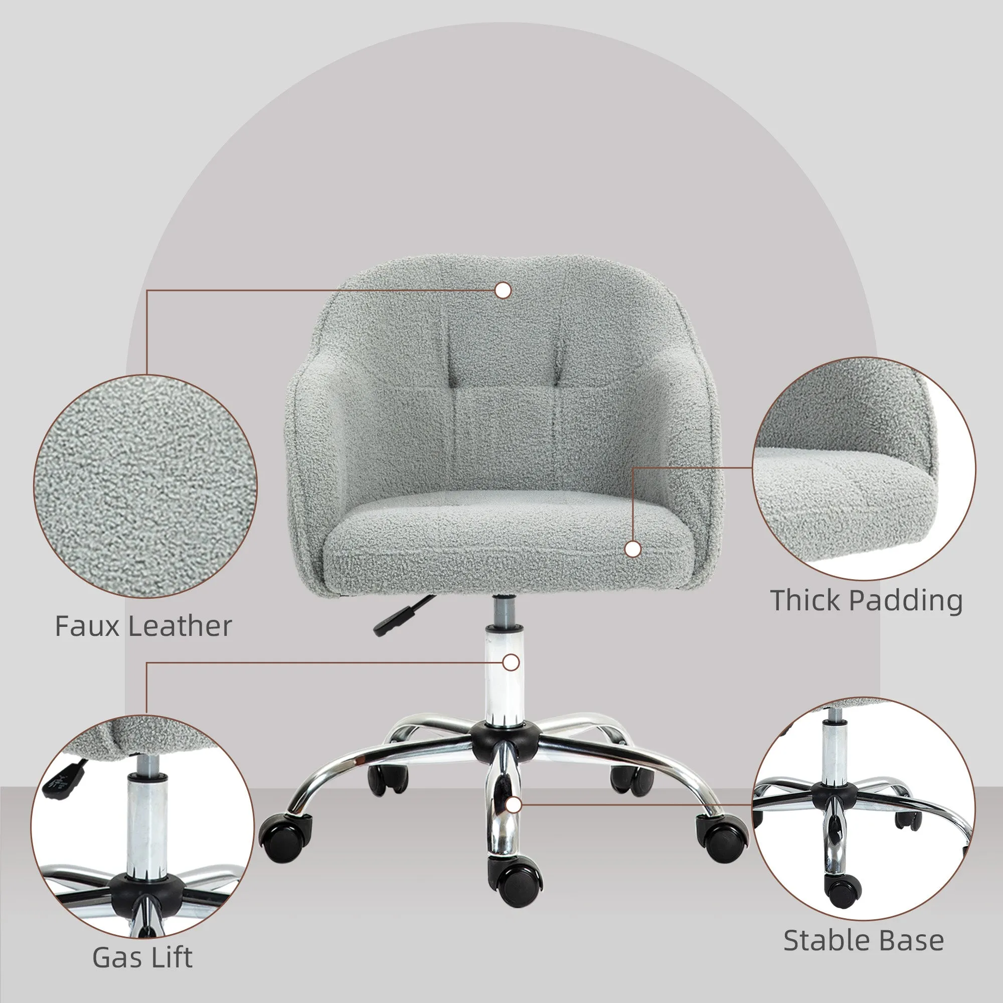 Fluffy Vanity Chair for Desk, with Height Adjustable, Wheels, Grey