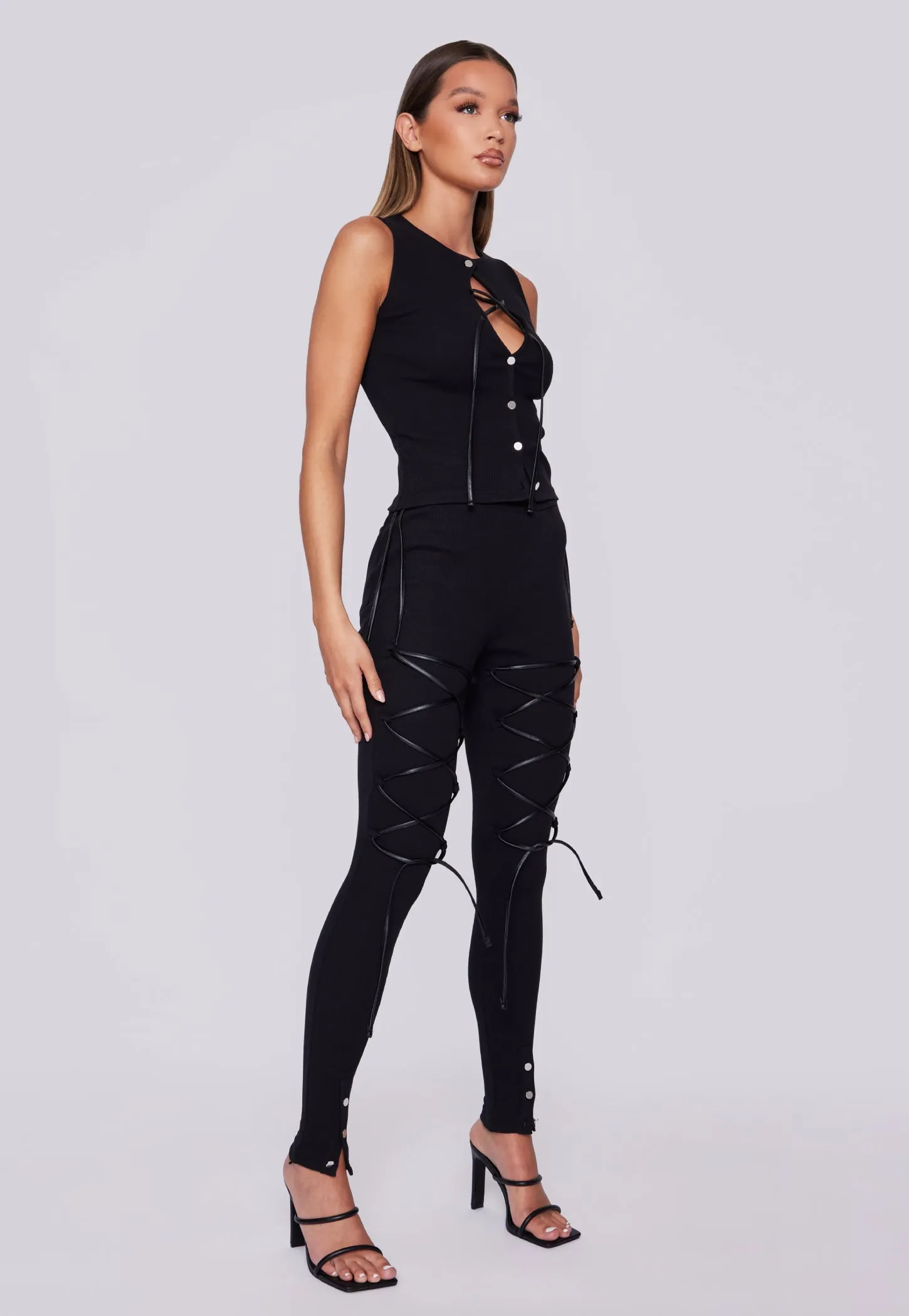 Front Laced Ribbed Vest - Black