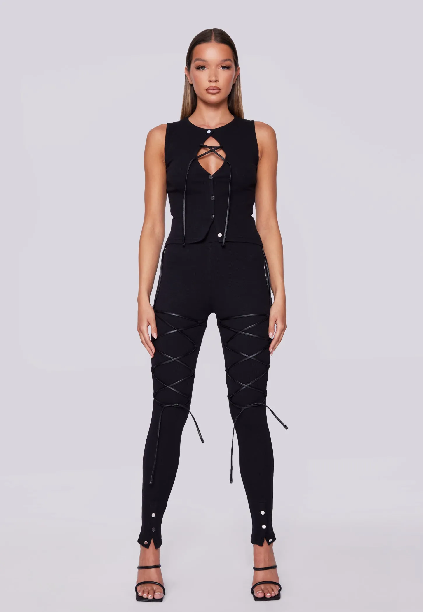 Front Laced Ribbed Vest - Black