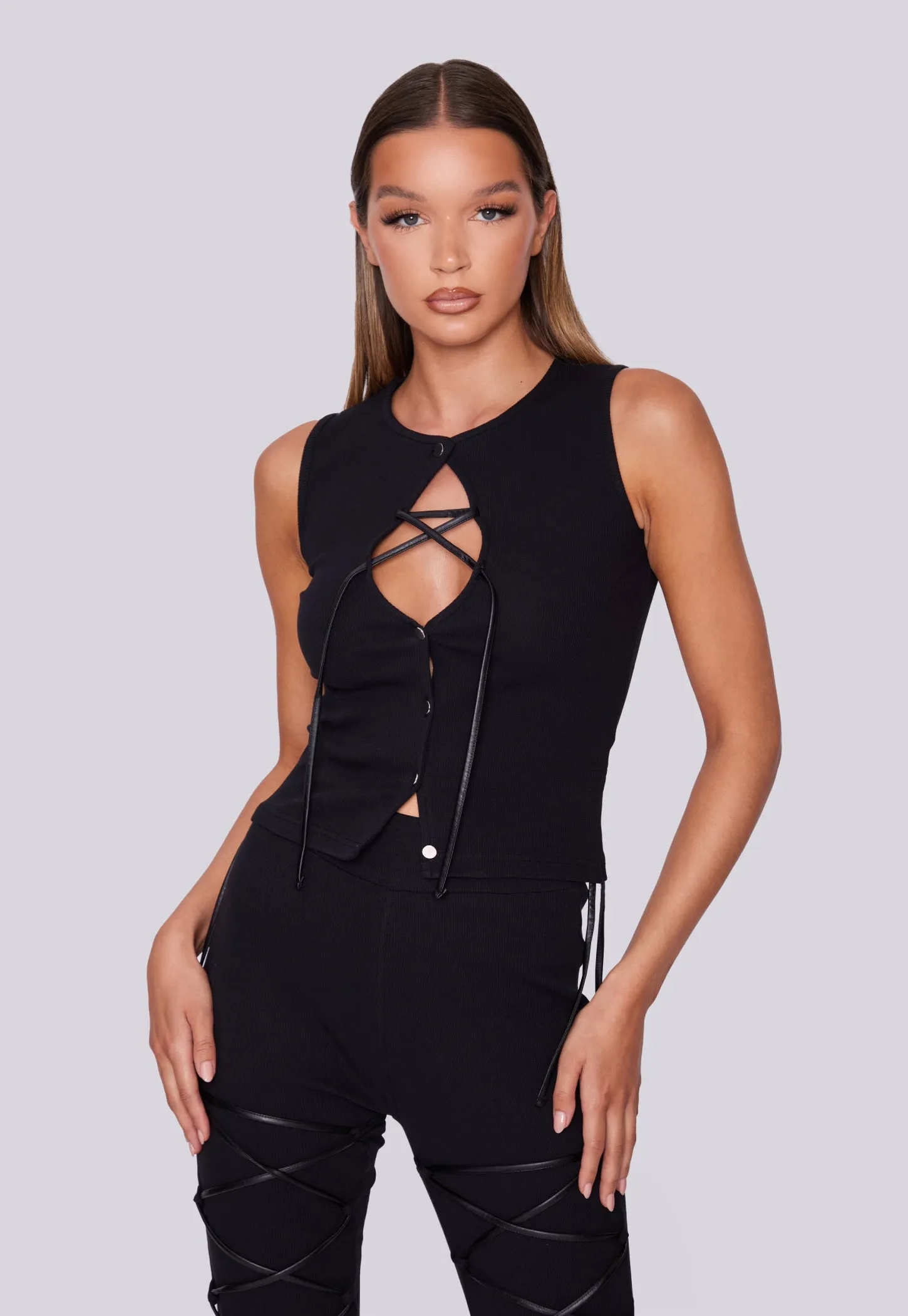 Front Laced Ribbed Vest - Black