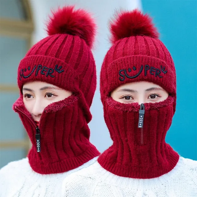 Fur Lined With Zipper Face Warmer Balaclava Pompoms Outdoor Knitted Woolen Warm Winter Cap