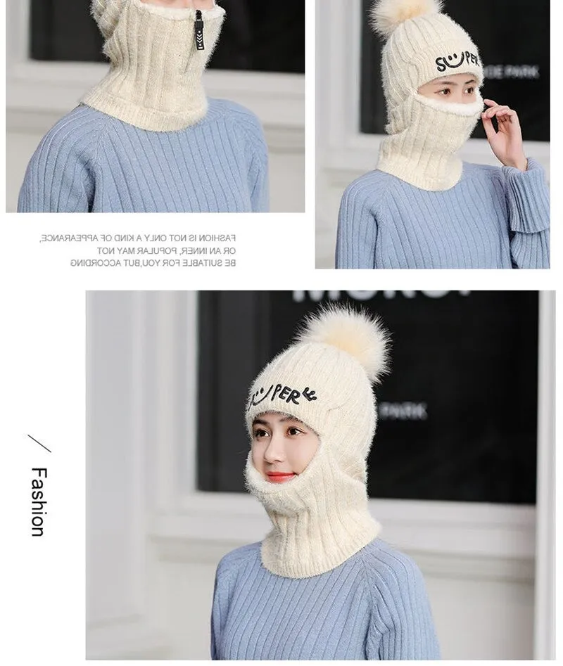 Fur Lined With Zipper Face Warmer Balaclava Pompoms Outdoor Knitted Woolen Warm Winter Cap