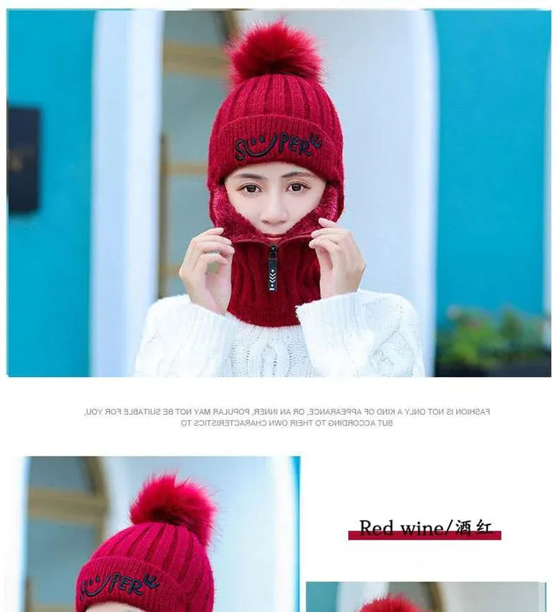 Fur Lined With Zipper Face Warmer Balaclava Pompoms Outdoor Knitted Woolen Warm Winter Cap