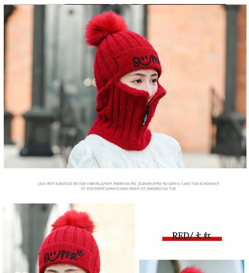 Fur Lined With Zipper Face Warmer Balaclava Pompoms Outdoor Knitted Woolen Warm Winter Cap