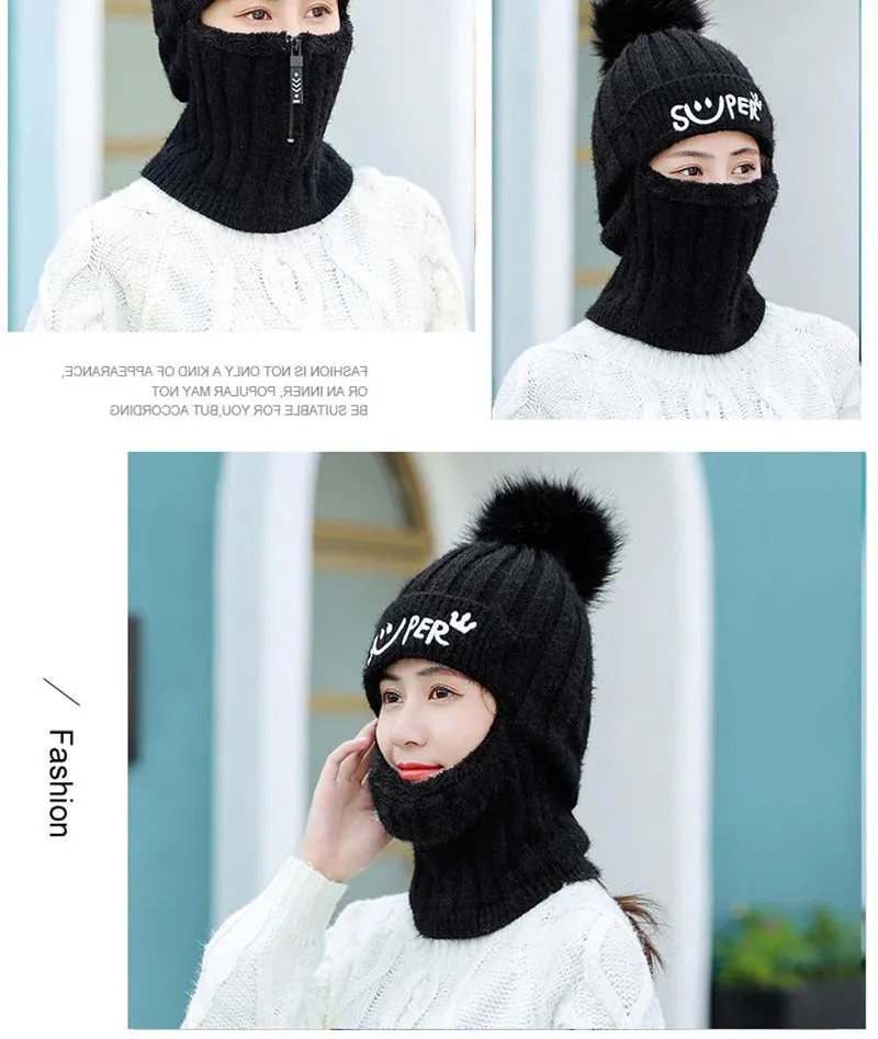 Fur Lined With Zipper Face Warmer Balaclava Pompoms Outdoor Knitted Woolen Warm Winter Cap