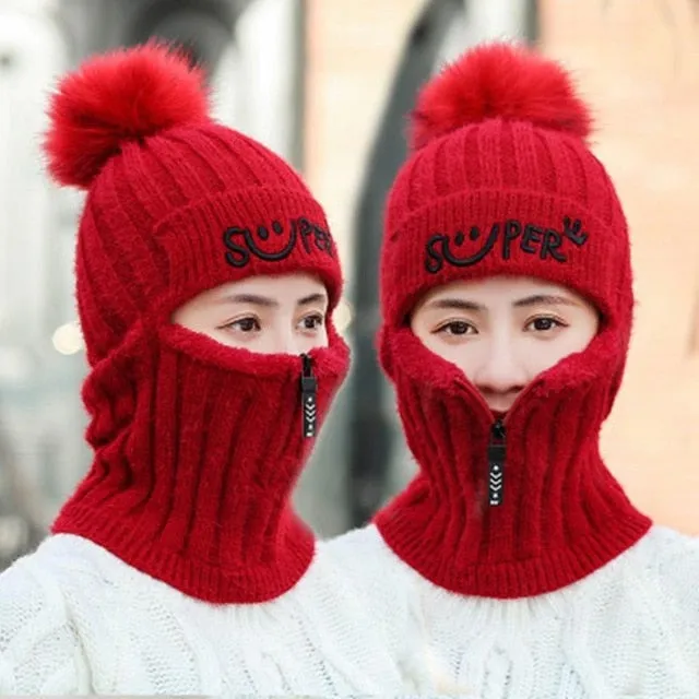 Fur Lined With Zipper Face Warmer Balaclava Pompoms Outdoor Knitted Woolen Warm Winter Cap