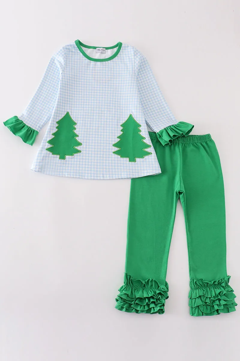 Green christmas tree applique girl pants set