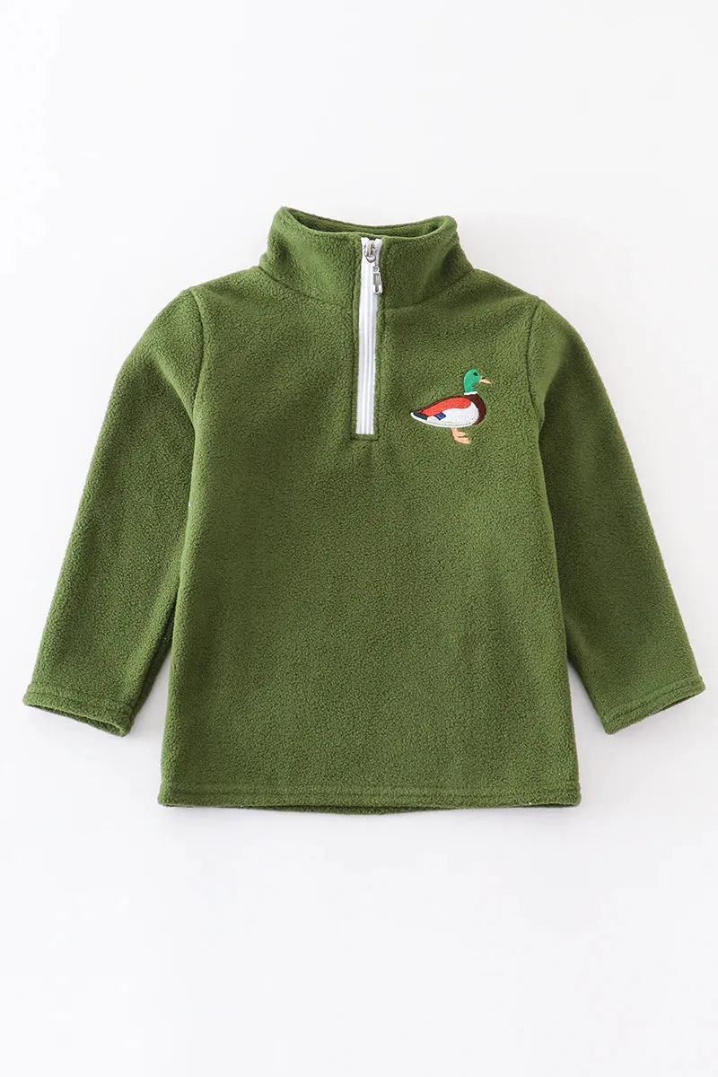 Green Duck Embroidered Fleece Pullover