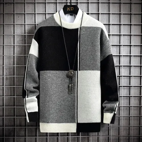 Half High Collar Color Blocking Warm Sweater/ High Quality Men Spring Autumn Slim Leisure Korean Long Sleeve Loose Knit Pullover