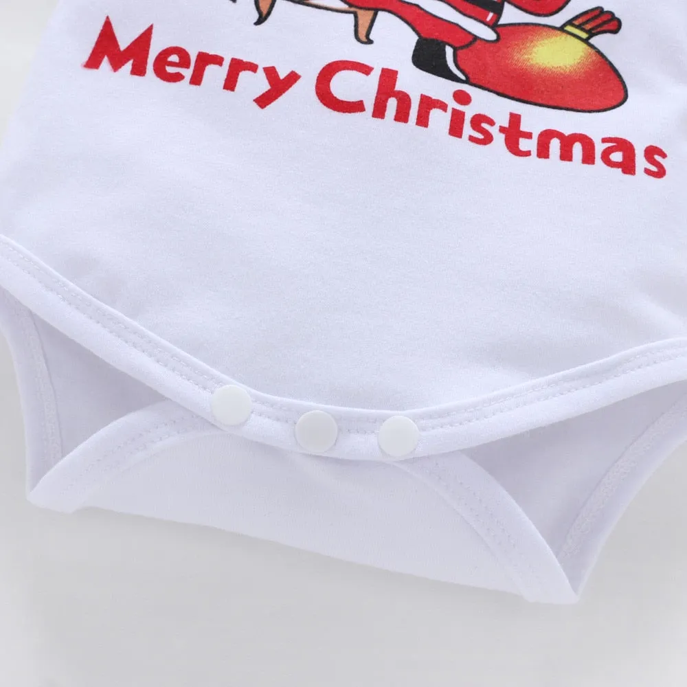 Infant Baby Santa Flower Print Christmas Girls  Romper Pants Hat Headband Outfits 2018