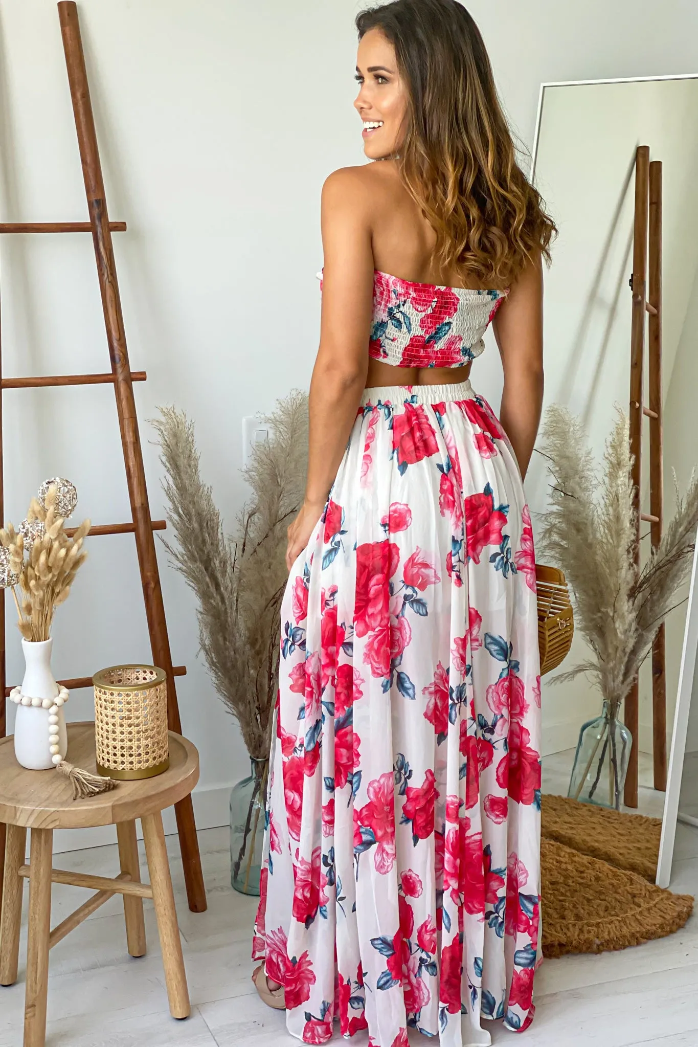 Ivory and Red Floral Skirt and Top Set