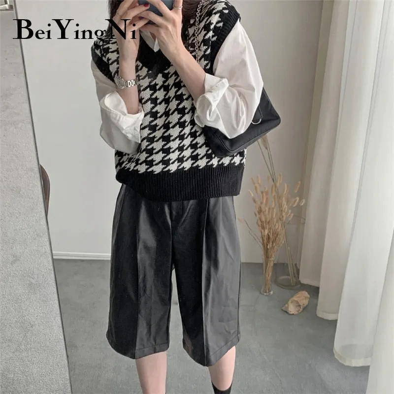 Joskaa Christmas Gift Beiyingni 2024 Autumn Winter Houndstooth Sweater Vest Knitted Vintage Loose Sleeveless Pullover Fashion Cute Casual Black Jumper