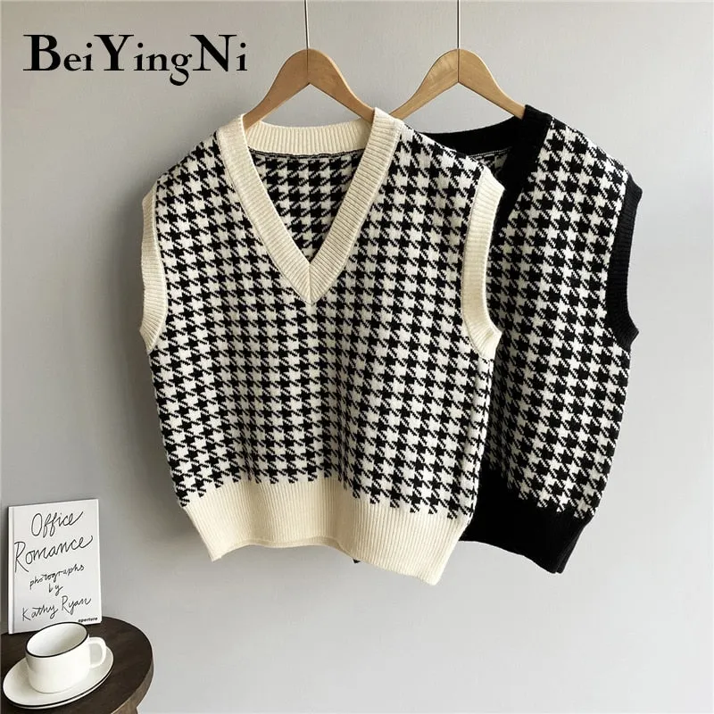 Joskaa Christmas Gift Beiyingni 2024 Autumn Winter Houndstooth Sweater Vest Knitted Vintage Loose Sleeveless Pullover Fashion Cute Casual Black Jumper