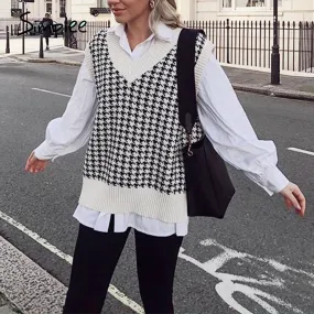 Joskaa Joskaa Houndstooth knitted sweater vest women V neck sleeveless oversized pullover vintage Fall winter female waistcoat sweater