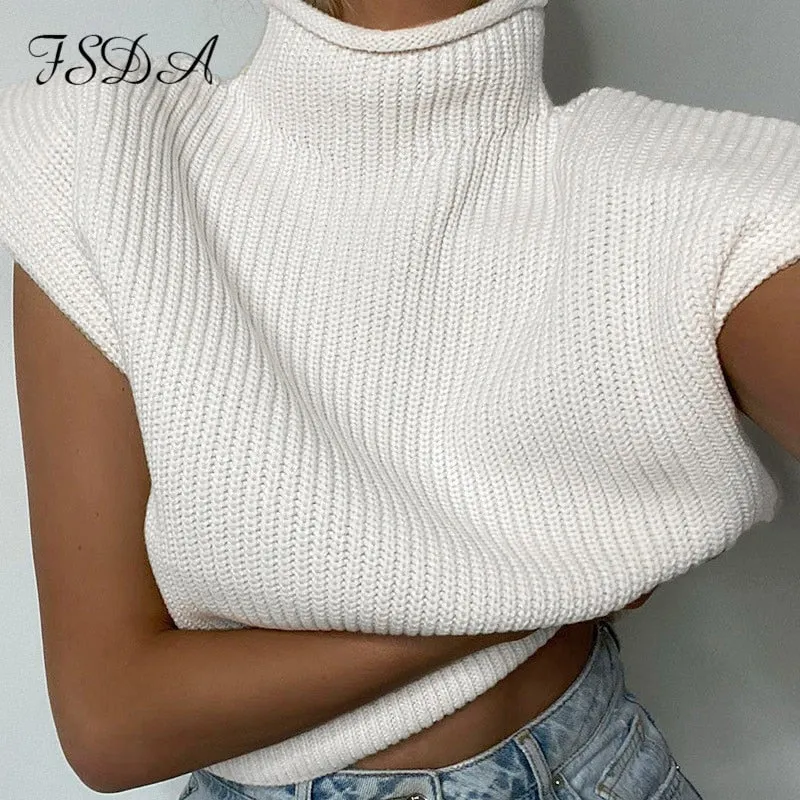 Joskaa Turtleneck Sleeveless Vest Sweater Women 2024 With Shoulder Pads Knitted Pullover Autumn Winter Jumper Casual Tops Fashion