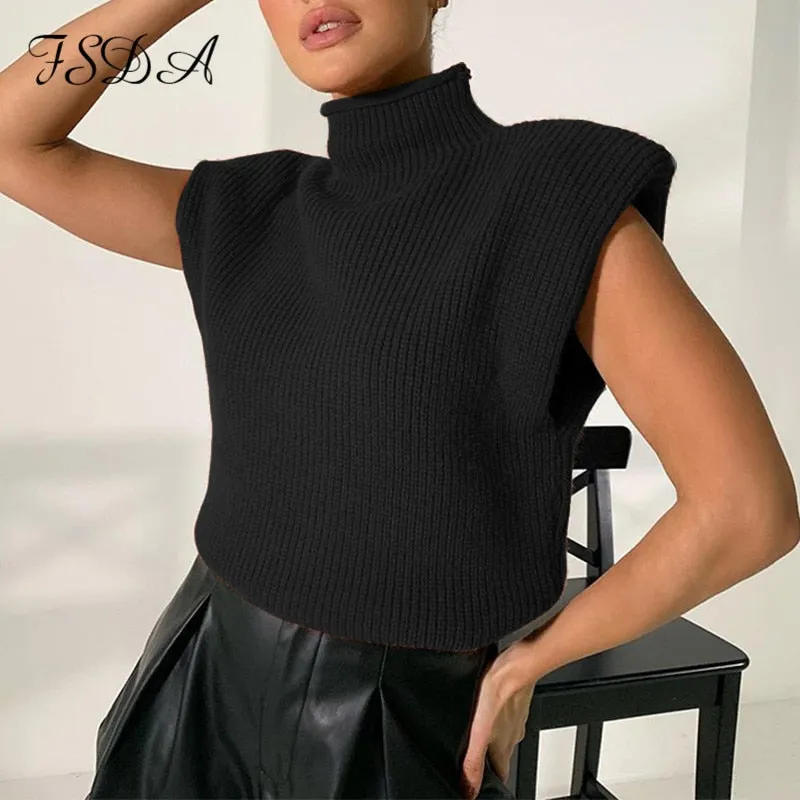 Joskaa Turtleneck Sleeveless Vest Sweater Women 2024 With Shoulder Pads Knitted Pullover Autumn Winter Jumper Casual Tops Fashion