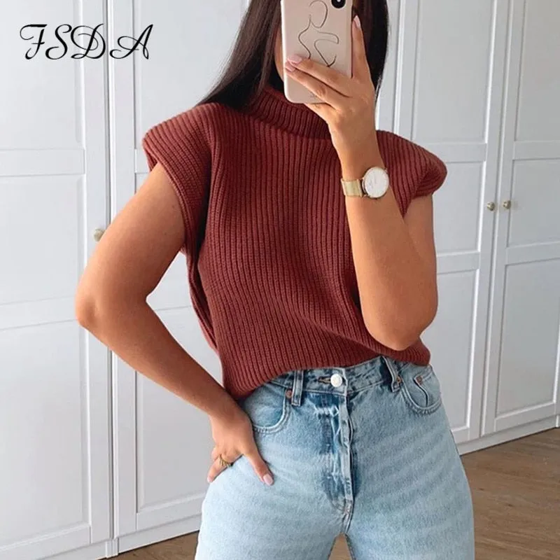 Joskaa Turtleneck Sleeveless Vest Sweater Women 2024 With Shoulder Pads Knitted Pullover Autumn Winter Jumper Casual Tops Fashion