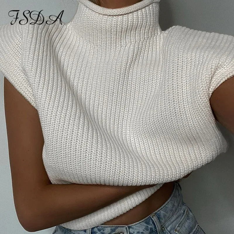 Joskaa Turtleneck Sleeveless Vest Sweater Women 2024 With Shoulder Pads Knitted Pullover Autumn Winter Jumper Casual Tops Fashion