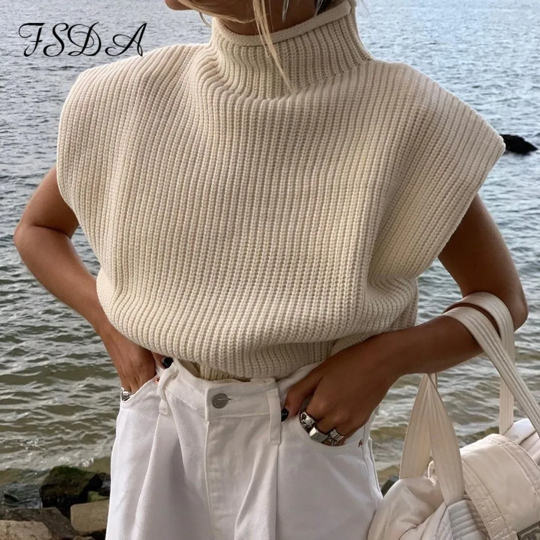 Joskaa Turtleneck Sleeveless Vest Sweater Women 2024 With Shoulder Pads Knitted Pullover Autumn Winter Jumper Casual Tops Fashion