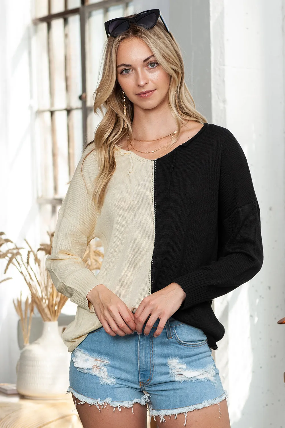 Khaki and Black Knitted Pullover Long Sleeve Colorblock Sweater