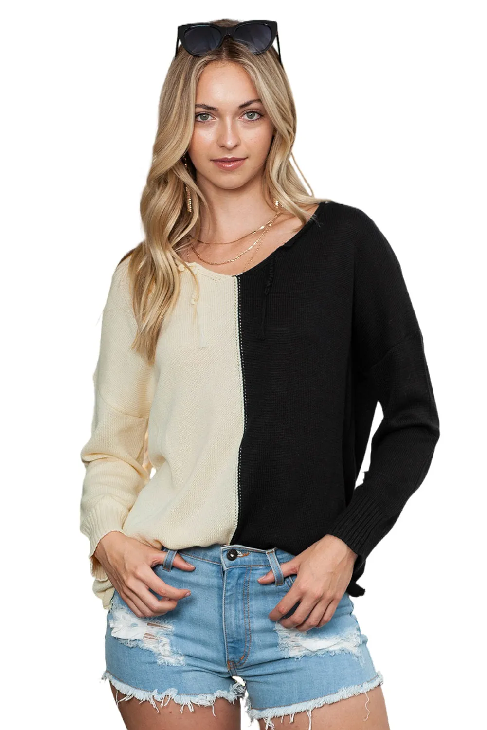 Khaki and Black Knitted Pullover Long Sleeve Colorblock Sweater