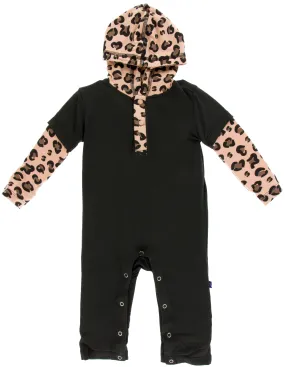 KicKee Pants Zebra w/Suede Cheetah Print Long Sleeve Hoodie Romper