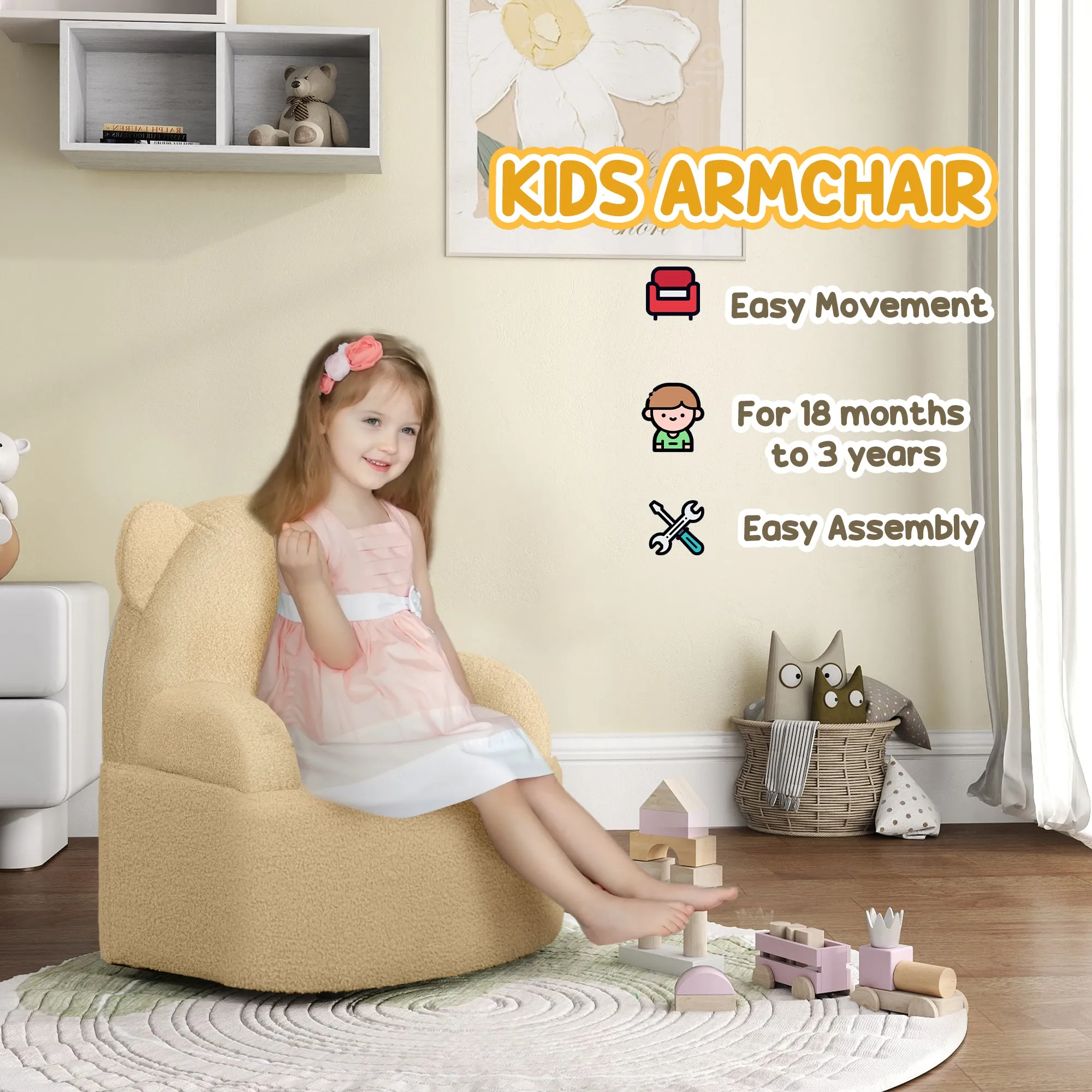 Kids Armchair, Bear Shaped Toddler Chair for Bedroom - Khaki