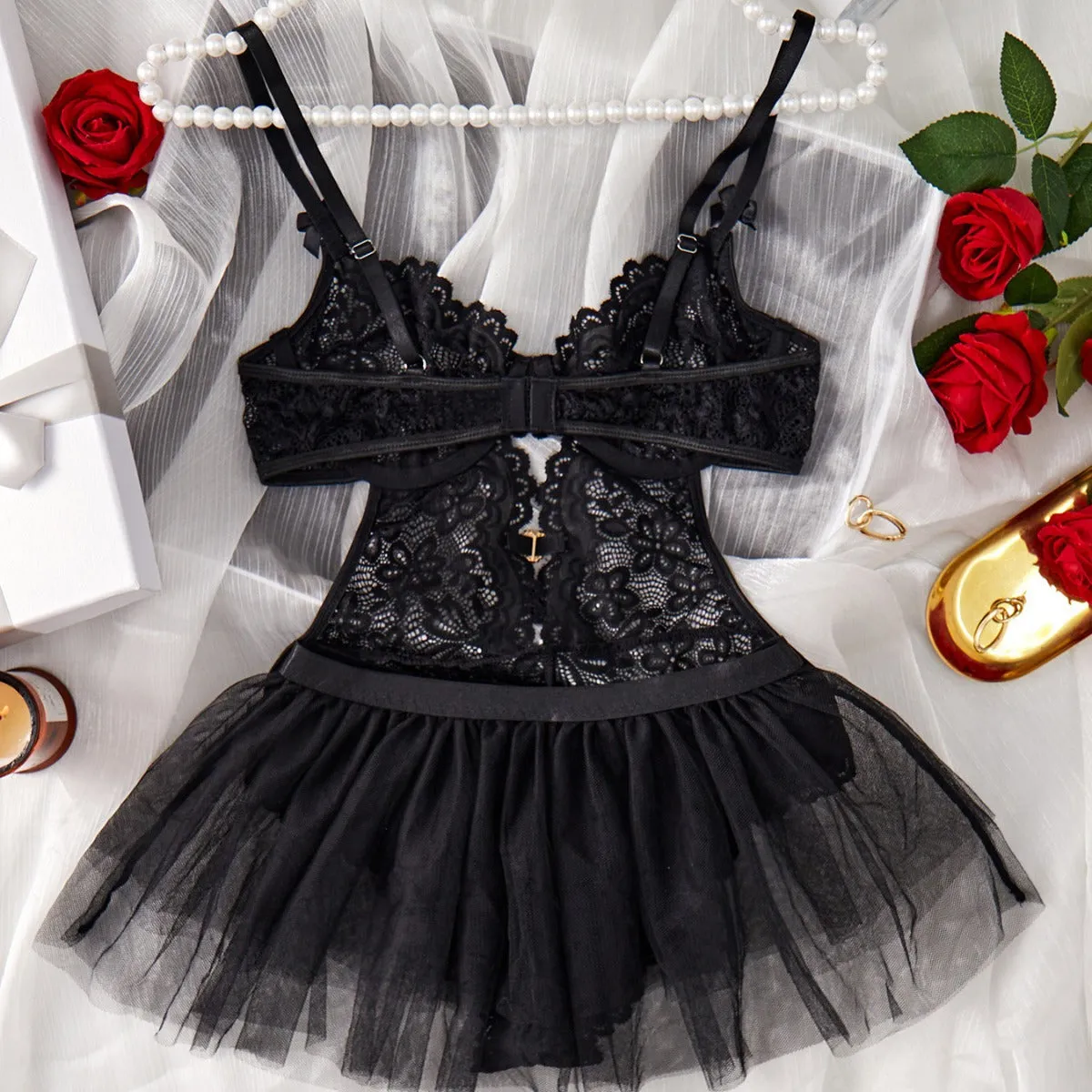 Ladies Floral Lace See Through 2PCS Teddy Set SKLG4058