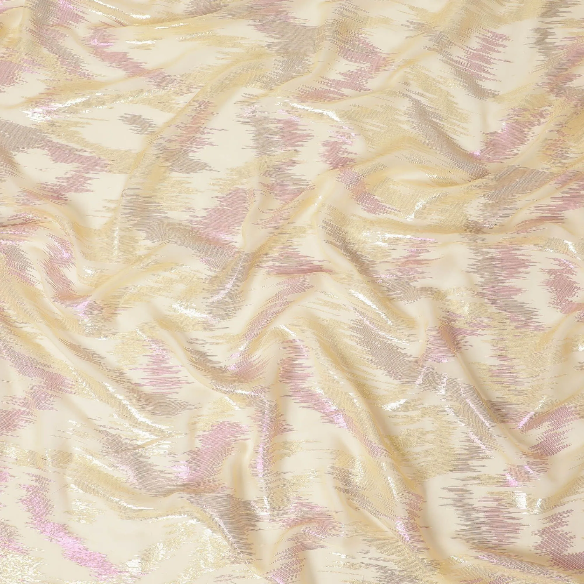 Laguna yellow Premium pure silk chiffon fabric with gold and pink metallic lurex in abstract design-D12323