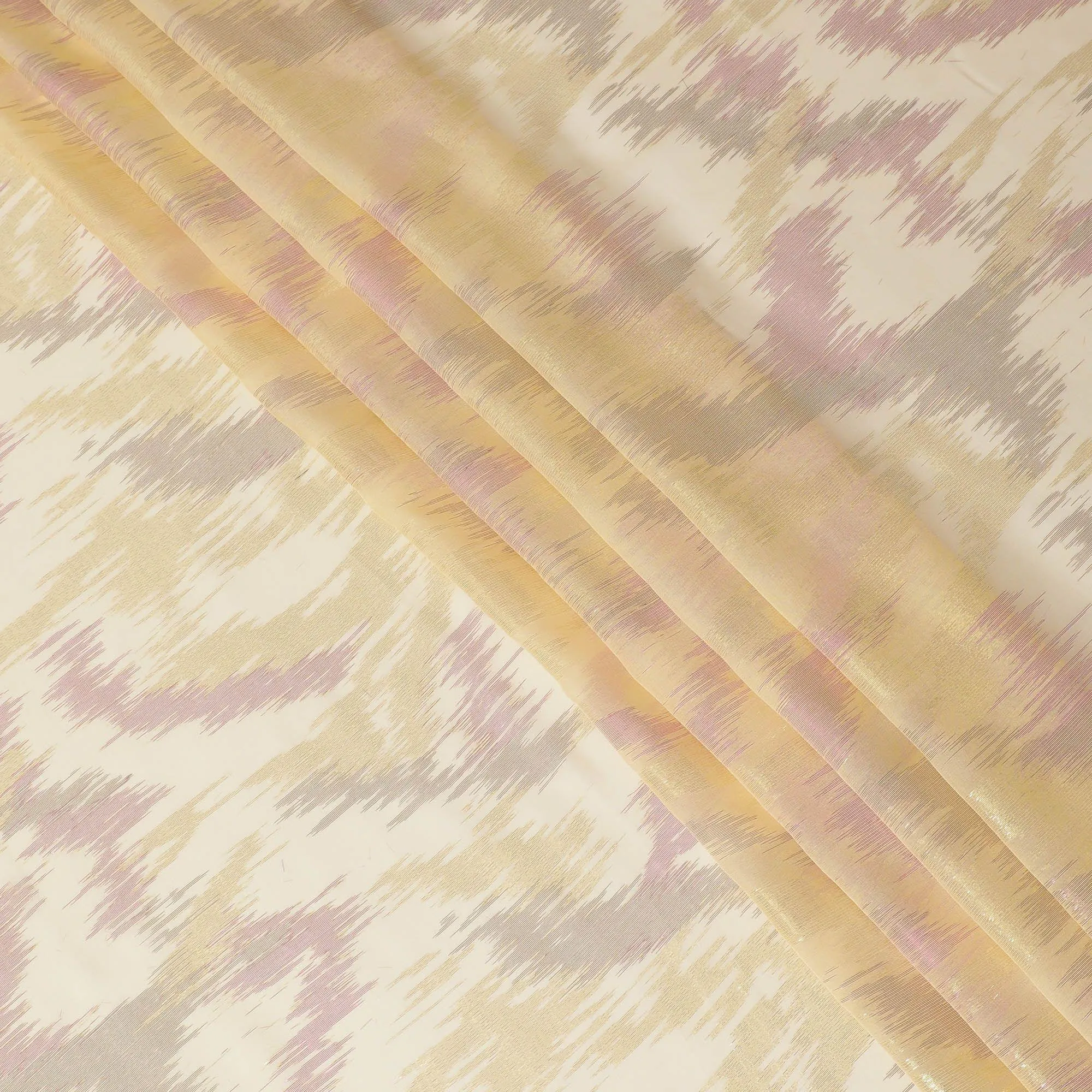 Laguna yellow Premium pure silk chiffon fabric with gold and pink metallic lurex in abstract design-D12323