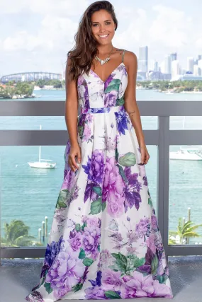 Lavender Floral Maxi Dress with Tie Back