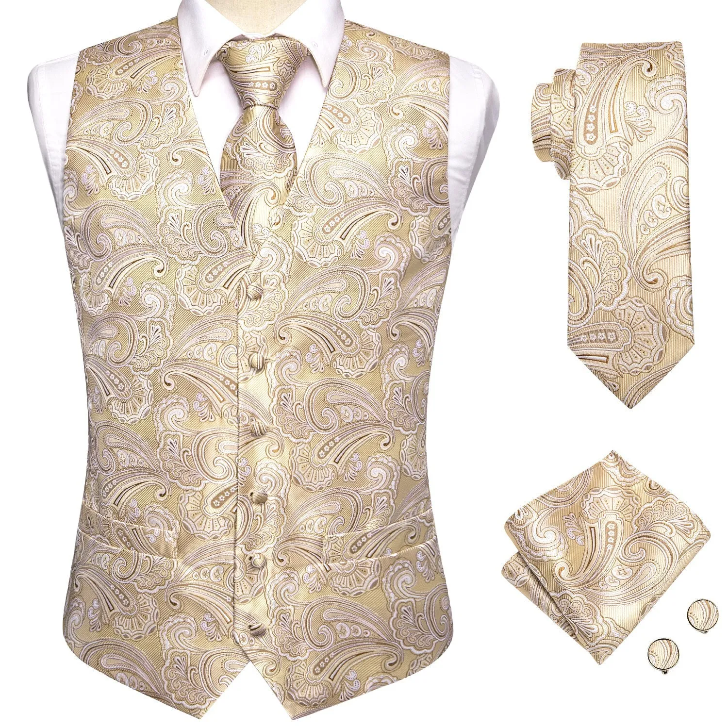 Light Champagne Paisley Jacquard Silk Men's Vest Hanky Cufflinks Tie Set