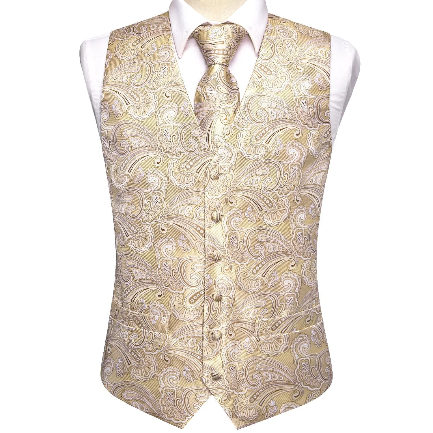 Light Champagne Paisley Jacquard Silk Men's Vest Hanky Cufflinks Tie Set