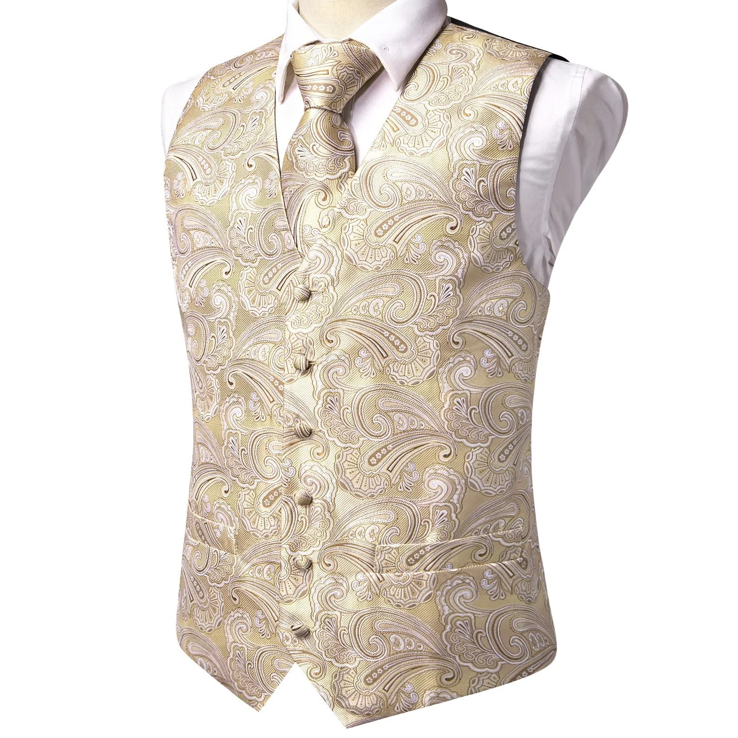 Light Champagne Paisley Jacquard Silk Men's Vest Hanky Cufflinks Tie Set