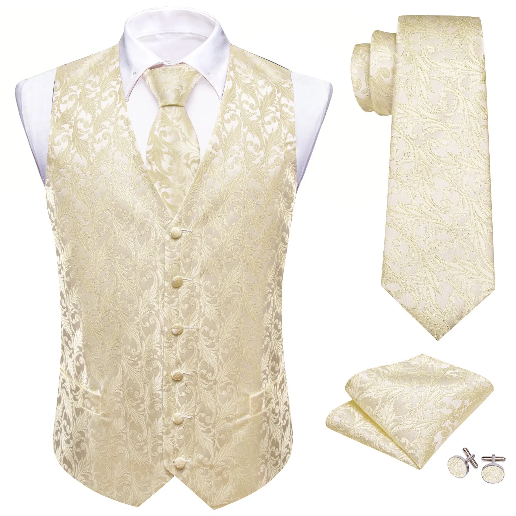 LightGoldenrodYellow Floral Silk Men's Vest Necktie Set Waistcoat Suit Set