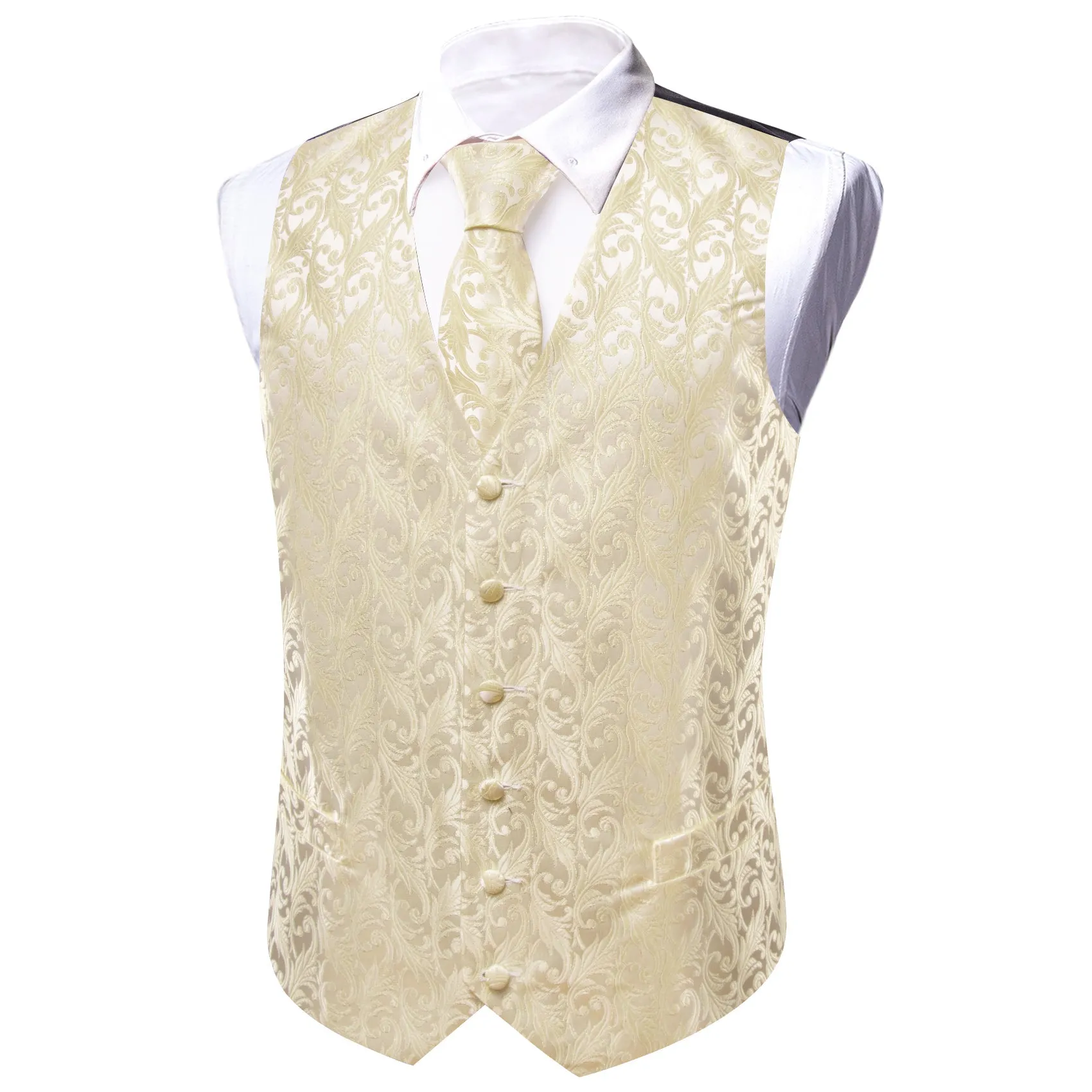 LightGoldenrodYellow Floral Silk Men's Vest Necktie Set Waistcoat Suit Set