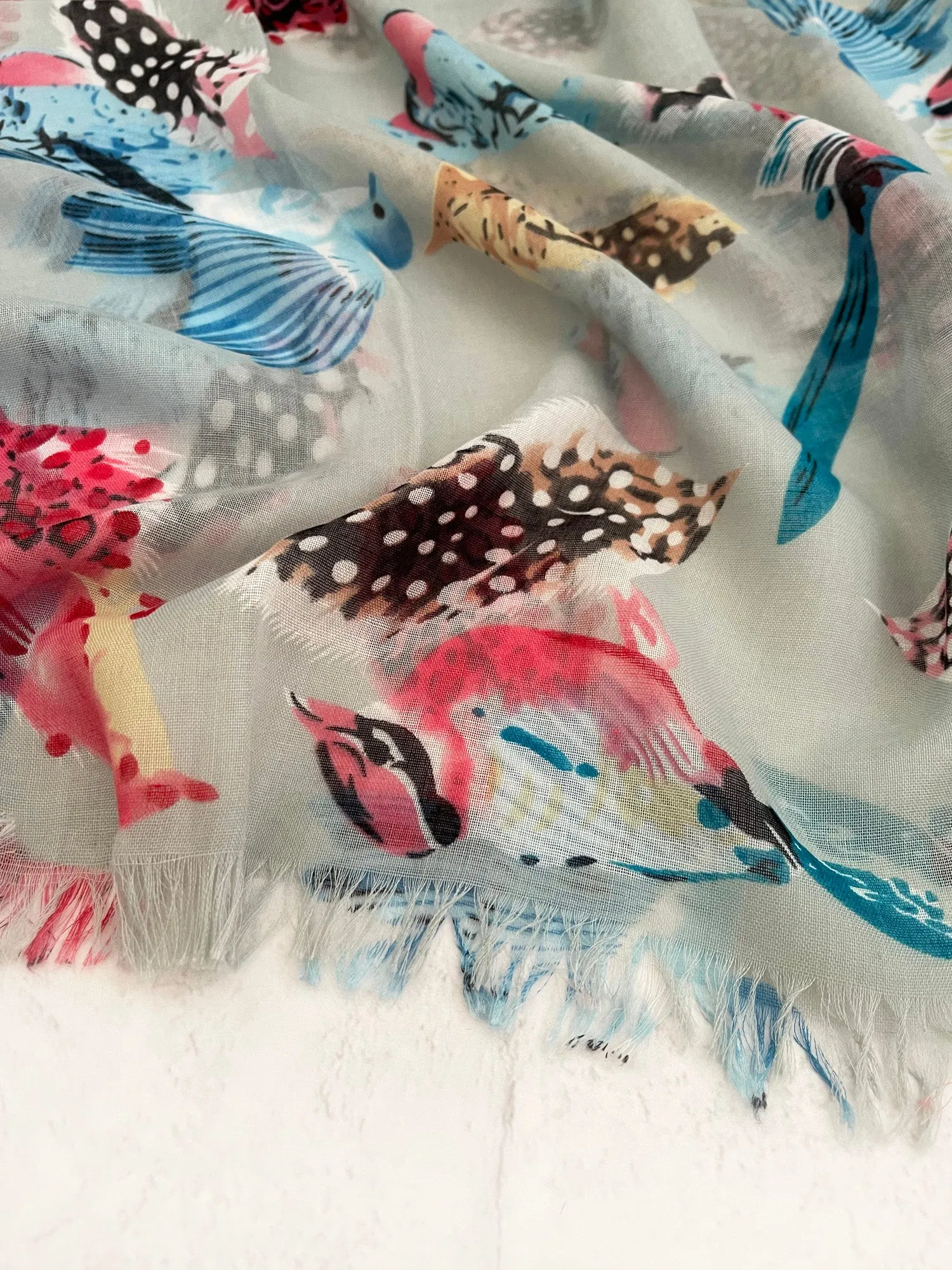 LIGHTWEIGHT BLUE BIRDS AND FEATHERS SCARF