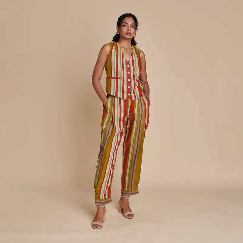 Linen Striped Pants for Women | Multicolour | Side Pleated