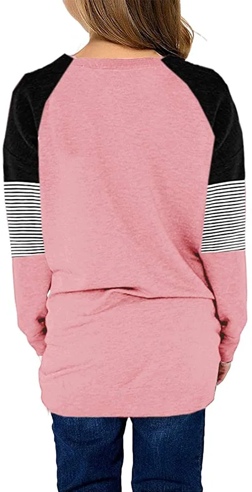 Little Girls' Pink Color Block Raglan Sleeves Stripe Pullover Top