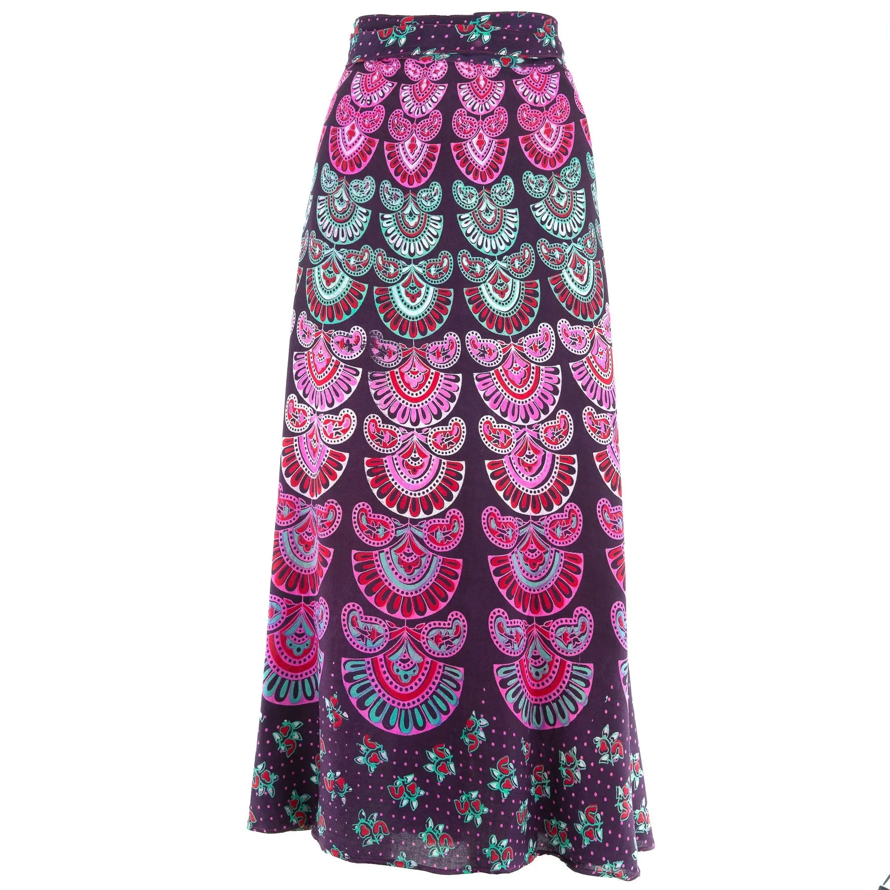 Long Maxi Wrap Skirt with Block Print Mandala - Purple & Teal