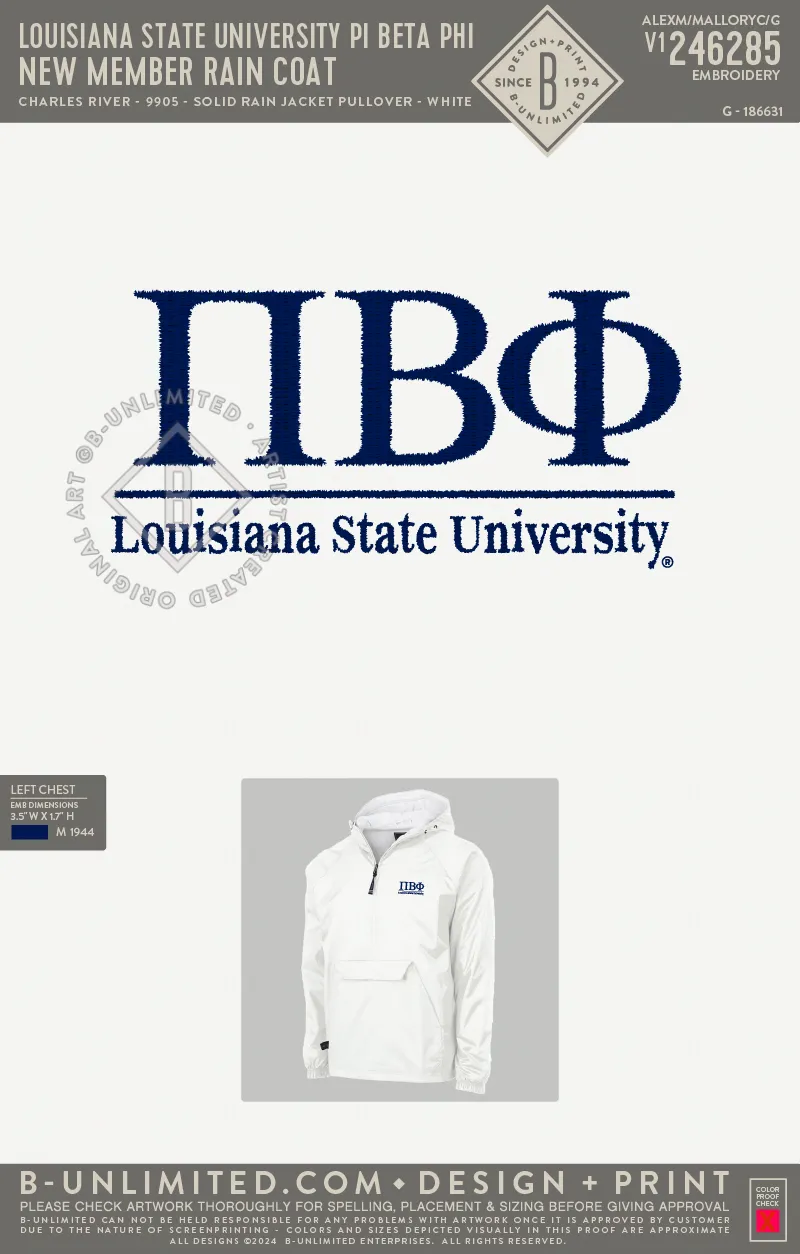 Louisiana State University Pi Beta Phi - New member rain coat - Charles River - 9905 - Solid Rain Jacket Pullover - White