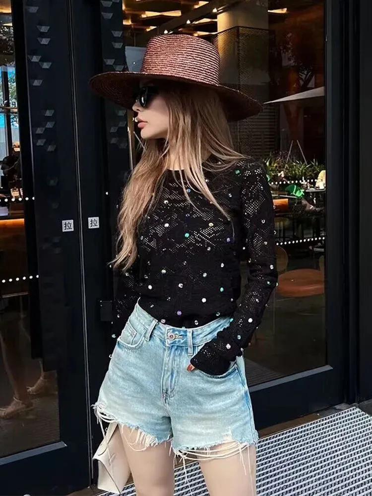 Luxury Diamonds Beaded Knitted Sweater Rhinestones Pullover Tops Autumn Winter Crystal Streetwear High Waist Short Coat C-208