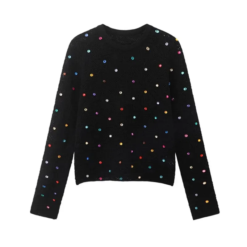 Luxury Diamonds Beaded Knitted Sweater Rhinestones Pullover Tops Autumn Winter Crystal Streetwear High Waist Short Coat C-208